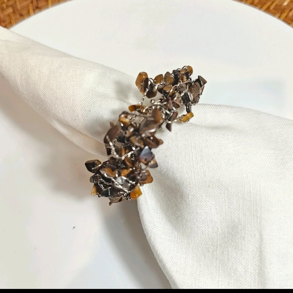 8 Pottery Barn Brown Beaded Cluster Tiger Eye Stone Wire Napkin Rings